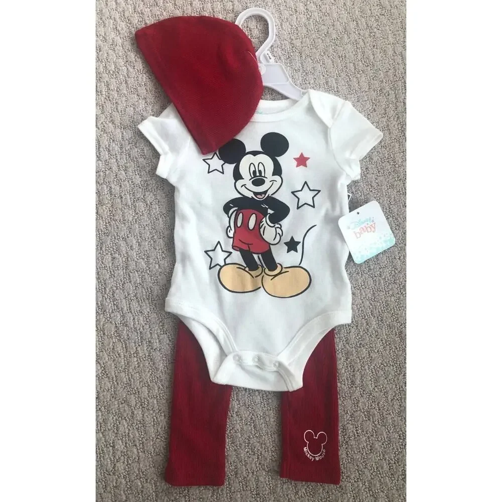 NEW! Disney Baby Mickey Mouse 3-Piece Set Bodysuit Pants & Hat Size 6-9M